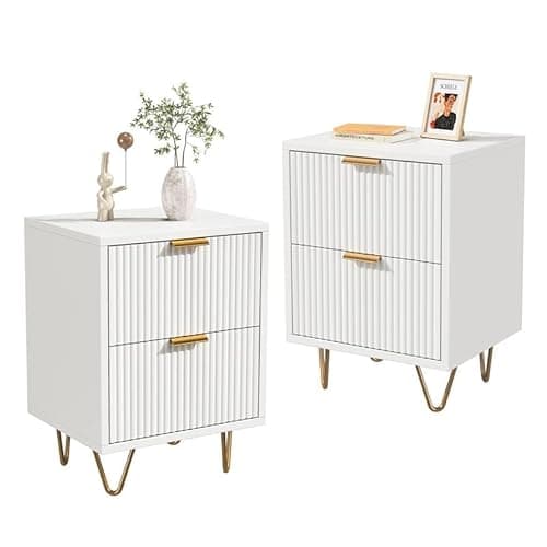 Image of Tanant Nightstands Set of 2,White Fluted Nightstand,Modern Bedside Table with 2 Storage Drawers,Side Table with Gold Metal Handles and Legs,for Bedroom,Living Room,40x40x55cm，White