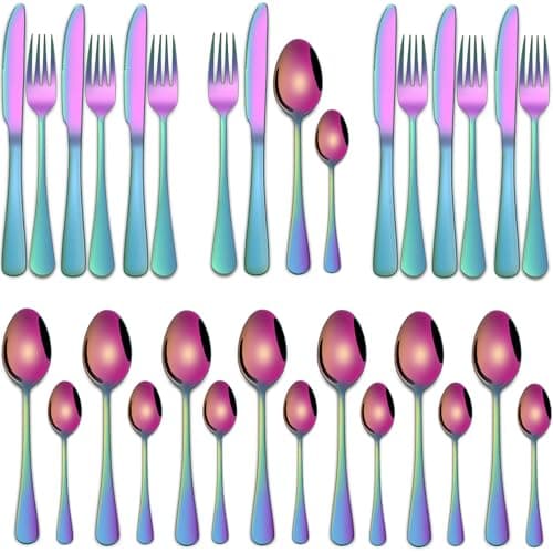 Image of Colorful Rainbow 32-Piece Stainless Steel Cutlery Sets Service for 8,Includes Knife Spoon and Fork Utensils Set,Silverware Sets for Kitchen,Tableware Set