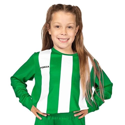 Image of FORZA Kids' Striped Long Sleeve Football Shirt | Quick-Dry, Sweat-Wicking Jersey | Boys & Girls Sports Top (UK, Age, 11 Years, 12 Years, Regular, Green & White)