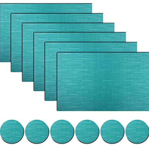 Image of pigchcy Placemats and Coasters Set of 6, Washable Non-Slip Kitchen Table Mats, Elegant Heat-Resistant Placemats for Dining Table (45cm X 30cm, Turquoise)