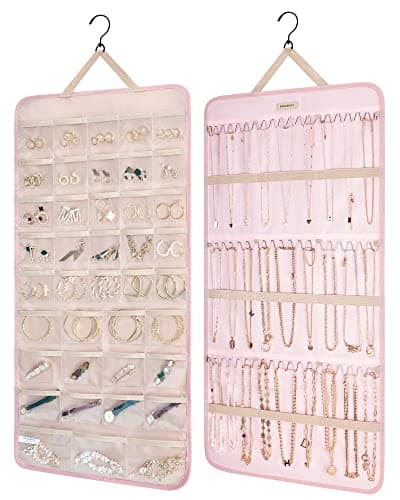 Image of bagsmart Dual-sided Jewellry Organizer Hanging with Metal Hooks,40 Pockets and 3 Wave-Shaped Hooks,Jewelry Roll for Earrings,Necklaces,Rings on Closet,Wall,Door,1 Piece,Extra-Large,Pink
