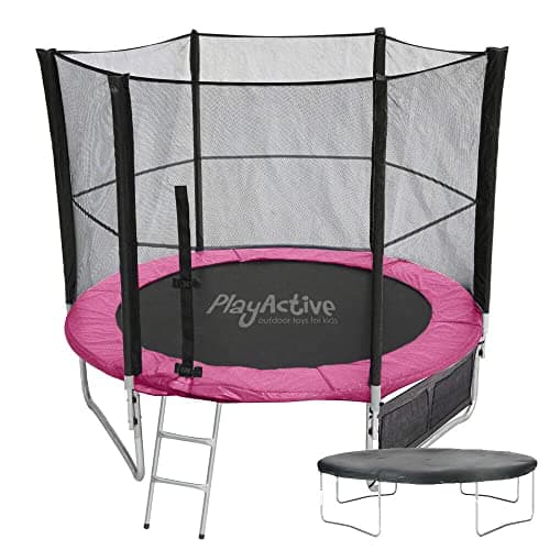 Image of PlayActive 6ft / 8ft / 10ft / 12ft / 14ft / 16ft Kids Trampoline with Safety Enclosure Net, Ladder, Weatherproof Cover, Shoe Bag Included… (Pink, 6ft)
