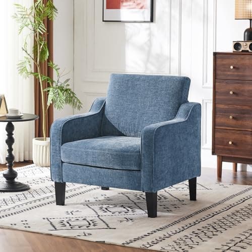 Image of Bonnlo Armchair, Mid Century Modern Fabric Accent Chair for Living Room, Small Tub Chair with Thick Cushion, Comfortable Lounge Chair Perfect for Bedroom, Apartment, Office, Navy, Chenille