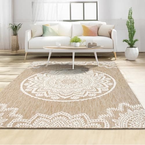 Image of homeart Area Rugs – Durable, Stain-Resistant, Vibrant Geometric Design Carpets – Easy-Clean Rugs for Living Room, Kitchen, Entryway, or Bedroom – Mandala - Natural Cream - 140x200 cm