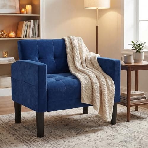 Image of ROCSUMOO Armchair Modern Velvet Upholstered Accent Chair, Tub Chair with Thick Cushion, Comfy Lounge Chair for Living Room/Bedroom/Apartment/Office(Blue 1PCS)