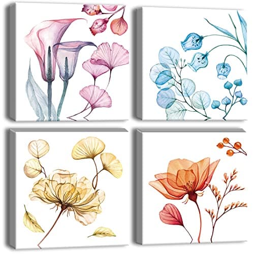Image of Artscope 4 Pieces Wall Art Canvas Prints - Soft Flowers Picture Painting - Modern Wall Artwork Framed for Gifts Bathroom Home Kitchen Office Decor - 30 x 30 CM