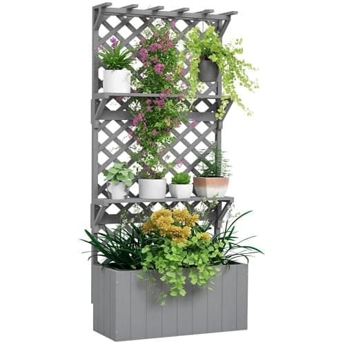 Image of Outsunny 52L Wooden Planter with Trellis, Freestanding Raised Bed for Garden with Hanging Roof, Shelves, Drainage Holes, Bed Liner, Outdoor Planter Box for Climbing Plants Vegetables Flowers, Grey