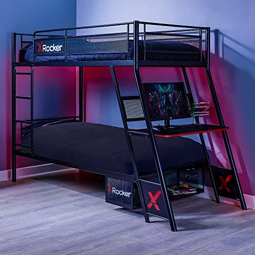 Image of X-Rocker Armada 3ft Single, High Sleeper Bunk Bed - Sleeps 2, Gaming Desk & PC Storage Shelf, Fixed Ladder, Sturdy Metal Frame for Kids & Teens - Black - 90x190cm