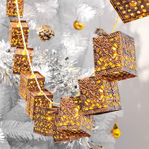 Image of GloBrite Outdoor Antique Lantern Chain Light with Moroccan Style 20 LED Light - Hanging Metal Lanterns Landscape Lights for Porch Patio Yard Porch Decorations