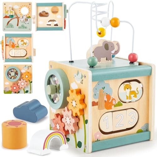 Image of LINFUN KIDS Wooden Activity Cube Baby Toy, Montessori Educational Toys with Bead Maze Shape Sorter Sensory Learning Presents for Boys Girls Toddlers