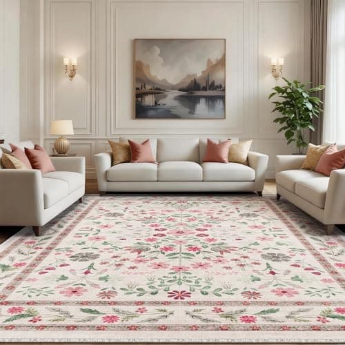Image of Rugs Living Room 90x150cm, Vintage Floral Rug, Washable Rug & Non-Slip Low Pile Carpet, Soft Boho Large Rugs, Garden Runner Rug for Bedroom, Kitchen, Entryway, Hallway, Dinning Room, Light Pink