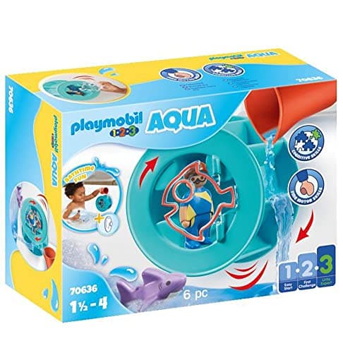Image of PLAYMOBIL 70636 1.2.3 AQUA Water Wheel with Baby Shark, educational toy, indoor and outdoor water toy, exciting and fun water play, fun imaginative role-play, playset suitable for children ages 1.5+