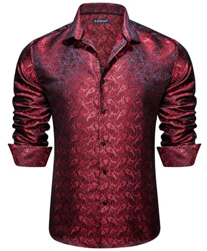 Image of Ailisus Mens Black Red Shirts Long Sleeve Button UP Vintage Paisley Floral Silk Shirt Wedding Party Casual Costume Designer L