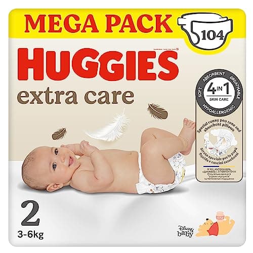 Image of Huggies Extra Care Baby Nappies Size 2 (3-6 kg), Ultra Absorbent, Disney Design, Mega Pack, 104 Pcs