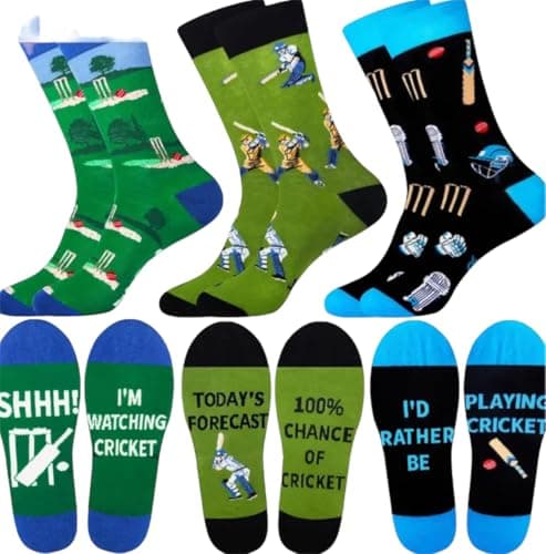 Image of Cricket Socks, 3 Pairs in a box, Fun Cricket Themed Design, UK Size 7-11, Perfect Cricket Gift