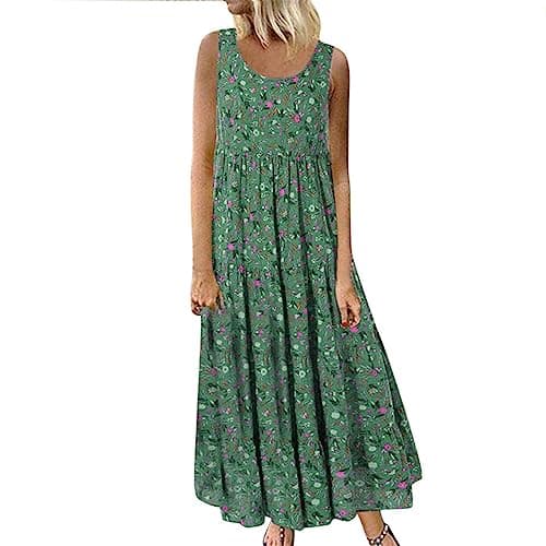 Image of luoluoluo Plus Size Women's Vintage Floral Maxi Dress - Green - 3XL (UK) - Casual to Semi-Formal - Sleeveless - Crew Neck/V-Neck - A-Line - Spring-Summer