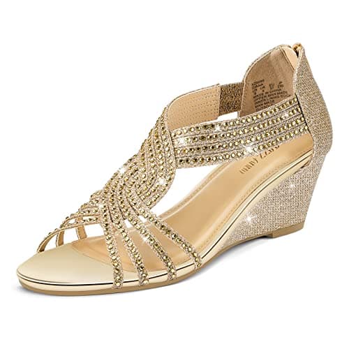 Image of PIZZ ANNU Womens Sandals Mid Wedge Heel Sparkly Glitter Shoes for Ladies Strappy Rhinestones Bridal Wedding Prom Party Gold Size 8