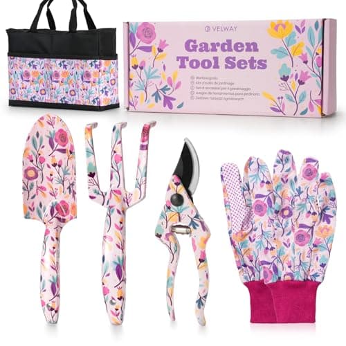 Image of Velway 5-Piece Gardening Tools Set - Mum's Gift with Bags & Gloves, Floral Print Metal Garden Tools Ideal for Ladies, Mothers Day, Christmas, Birthday