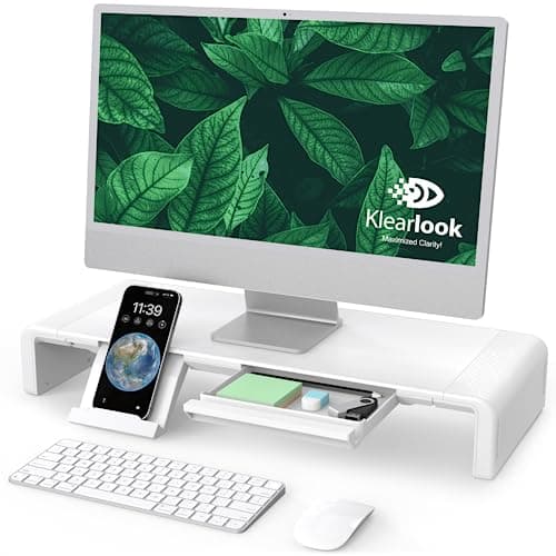 Image of Foldable Monitor Stand - Klearlook Computer Monitor Riser with Storage Drawer&Tablet Phone Stand| Width Adjustable Monitor Stands for Desks| Desk Shelf Riser for Computer, Desktop, Laptop| White