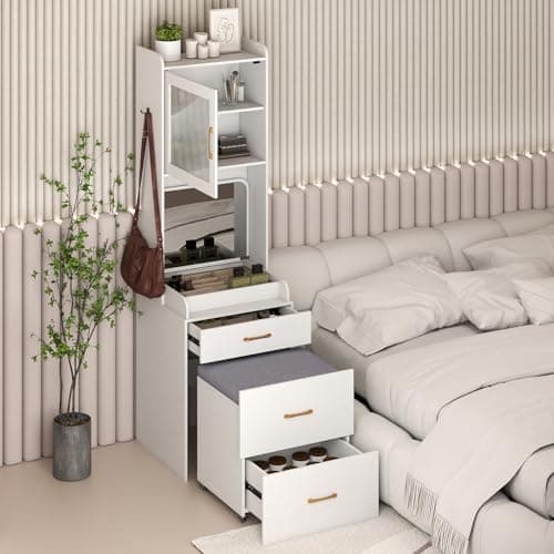 Image of COSTWAY Small Dressing Table with Flip Up Mirror and Cushioned Storage Stool, 52cm Compact Bedroom Makeup Table Vanity Desk Set with Charging Station, Drawers, Cabinet, Adjustable Shelf & Hooks, White