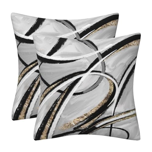 Image of Cushion Covers 50 x 50 cm Black Gold Grey White Lines Set of 2 Luxury Abstract Art Painting Soft Velvet Modern Decorations Square Pillow Cover for Sofa Couch Home Decor Cushions Cases 20 x 20 Inch