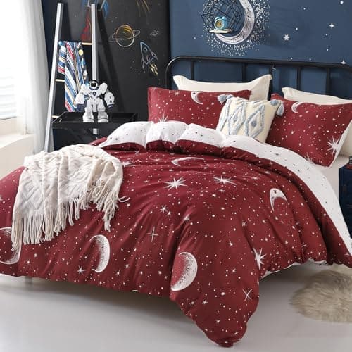 Image of Duvet Cover Set Double Galaxy Moon Star Bedding Set For Boys Girls, Kids Quilt Set Reversible Ultra Soft Duvet Cover (3Pcs, Red)