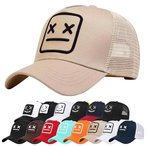 Image of Enwokran Baseball Cap Mens Quirky Bizarre Embroidery Hats Unisex, Hip Hop Trucker Caps Adjustable Mesh Back UPF 50+ UV Protection Summer Sun Hat Sports Cap (Beige)