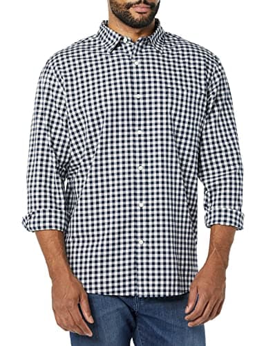 Image of Amazon Essentials Men's Long-Sleeved Regular-Fit Stretch Poplin Shirt, Navy White Gingham, L