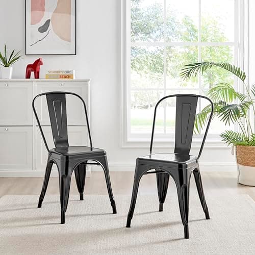Image of Furniturebox UK Colton 2x Black Metal Dining Chairs for Kitchen Or Dining Room Tolix Inspired Steel Powder Coated Stackable Lightweight Retro Bistro Industrial Dining Furniture Set of 2 Black Chairs