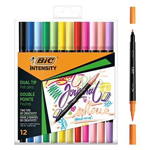 Image of BIC Intensity Dual Tip, Dual Tip Markers, Fine Point (0.7mm) and Flexible Brush Tip, Assorted Original and Pastel Colors, Pack of 12