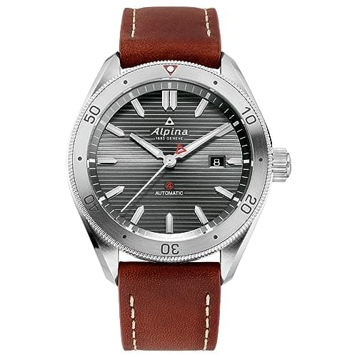 Image of Alpina Men's Alpiner Swiss Automatic 3-Hand Stainless Steel Case with Brown Leather Strap Watch, Bi-Directional Bezel, Sunray Line Grey Dial (Model: AL-525G5AQ6), Silver, Startimer Automatic
