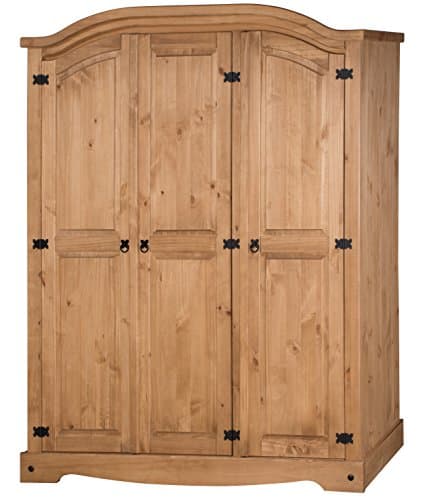 Image of Mercers Furniture Corona Mexican 3 Door Arch Top Wardrobe Solid Wood Triple Robe Wooden Bedroom Storage Rustic Large Hanging Rail Shelves 190cm High. 149cm Wide. 51cm Deep.