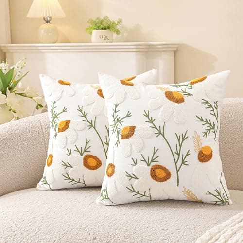Image of TAOSON Pack of 2,White Daisy Flowers Pattern Embroidered Throw Pillow Cover,Cotton Canvas Cushion Covers, Spring Farmhouse Decor, Valentine's Day Gift Square Farmhouse Floral Pillow Case 18" x18"