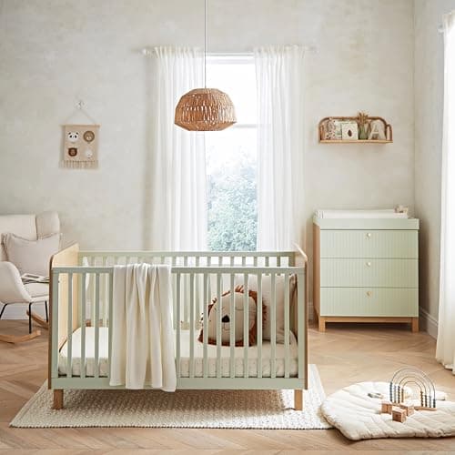 Image of CuddleCo Remi Oak/Green Nursery Furniture Set - Convertible Cot Bed, Spacious Baby Wardrobe, Baby Changing Table with Removable Top (2pc)