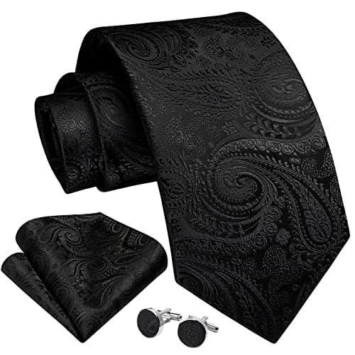 Image of Enlision Black Men's Ties Paisley Ties for Men Wedding Floral Jacquard Necktie and Handkerchief Cufflinks Tie Set for Business Party