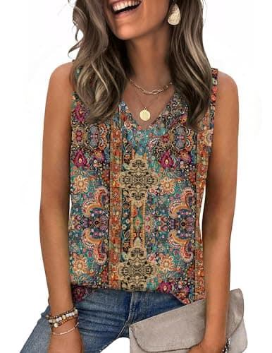 Image of Zeagoo Women's Summer Vest Tops V Neck Sleeveless Tank Top Basic Casual Solid Color Vests Shirt Floral A L