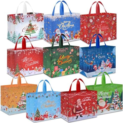 Image of AhfuLife Extra Large Christmas Bags for Gift, 10PCS Reusable Christmas Tote Bags with Handles, Multipack Xmas Gift Bags Non-woven Christmas Treat Shopping Bags Xmas Party Favor, 40 x 36 x 15cm