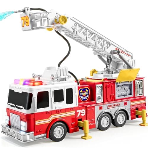 Image of JOYIN Extra Large 33-inch Ladder Fire Truck Toys for Boys Aged 3 4 5 6 7 8 Years Old, Fire Engine Toys, Electric Buttons, Lights, Sirens, Rotatable Hose Reel & Removable Water Pump, Birthday Gift
