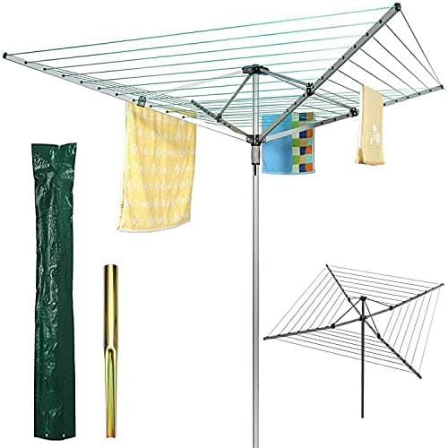 Image of Heavy Duty 4 Arm 50 Metres Rotary Clothes Airer/Dryer Washing Line with Metal Ground Spike or socket and Waterproof Protective Cover Included Outdoor Laundry Washing Line Whirlygig (50m)