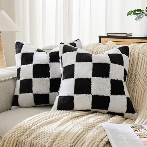 Image of Ohocut Checkered Throw Pillow Covers, Checkerboard Pillow Cases Pack of 2 Cute Decorative Soft Throw Pillow Covers for Couch Sofa Bedroom, Fluffy Fuzzy Luxury Pillow Cover Black and White 45x45 cm