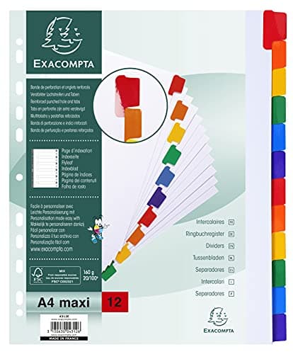 Image of Exacompta - Ref 4312E - Document Dividers - Suitable for A4+ Documents, 160gsm White Card, Plastic-Coated Multicoloured Tabs, Pre-Punched, FSC-Certified, 12 Sections