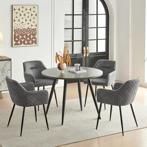 Image of Colorig Round Dining Table and 4 Chairs Set, 5pcs Dining Room Sets for Restaurant Kitchen Office, 2-4 Seaters Wooden Grey Marble Table and Grey Faux Suede Kitchen Chairs Set of 4