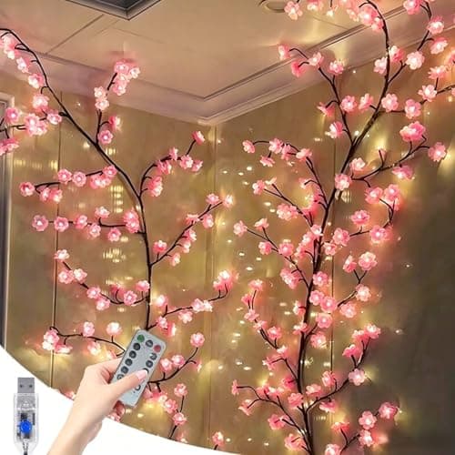 Image of Gresoinc 120cm 48LED Cherry Blossom Tree Twig Lights for Wall, USB Powered 8 Modes Warm White Fairy Light with Remote Timer Dimmable Flexible Willow Vine Floral Bedroom Home Spring Décor