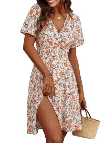 Image of Cicy Bell Women's Floral Summer Dress A-Line Mididress with V Neck Wrap Short Sleeve Casual Beach Party Dresses, Beige, M