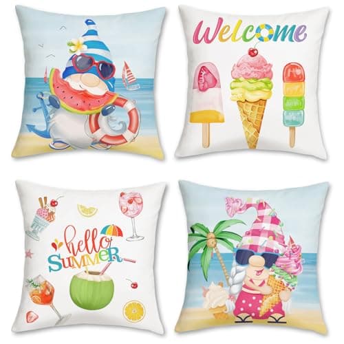 Image of Bonhause Summer Gnomes Cushion Covers 45 x 45 cm Ice Cream Watermelon Coconut Ocean Decorative Throw Pillow Covers for Sofa Couch Bed Home Seaside Decor Set of 4
