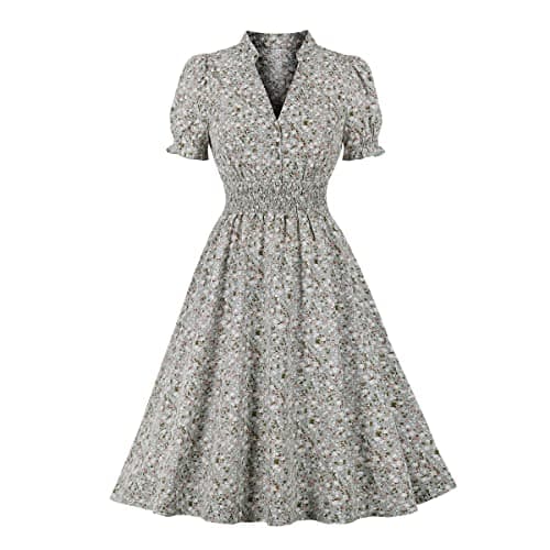Image of Wellwits Women's Collared V Neck Shirred Ditsy Floral Vintage Dress Light Green L