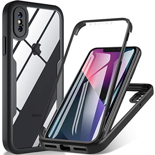 Image of OWKEY for iPhone X Case, iPhone XS Case, [Military Grade Drop] 360° Full Body Shockproof Bumper Case with Built-in Soft PET Screen Protector, Rugged Cover Phone Case for iPhone X|XS 5.8 inch, Black