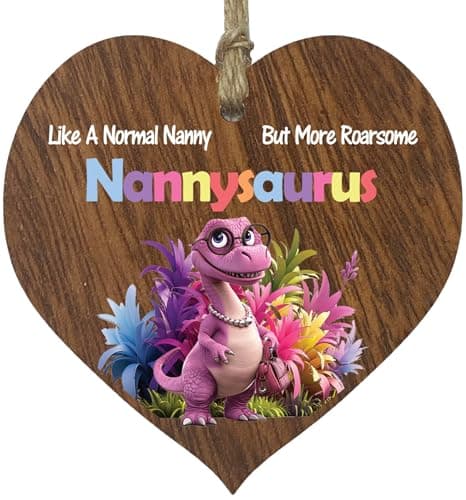 Image of Nan Gifts - Roarsome Nansaurus Wooden Heart Plaque - Happy Birthday Gifts for Nan from Grandson Granddaughter, Dinosaur Mother's Day Presents, Dark Wood Sign Keepsake
