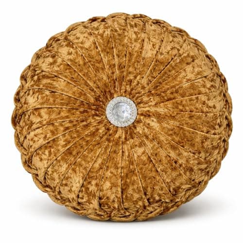 Image of cushion mania Round Velvet Cushion – Luxury Pleated Crush Velvet Decorative Throw Pillow with Diamante Button, Soft Sofa Cushion for Living Room & Bedroom (Gold)