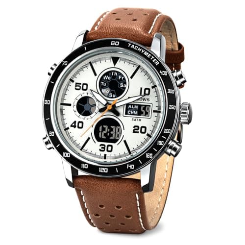 Image of PINDOWS Watches for Men, Men Military Digital Analog Casual Dual Time Leather Wristwatch Multifunctional Fashion Watch with LED Backlight Alarm Stopwatch Calendar